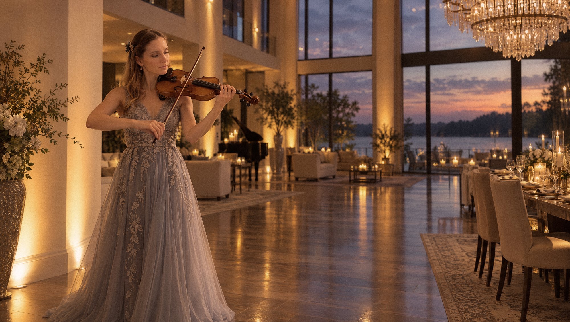 Margarita playing violin in a warmly lit ballroom at sunset